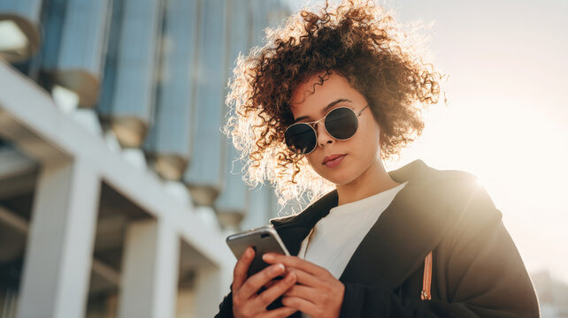 Young Woman in Sunglasses Browsing Smartphone in Urban Sunlit Street