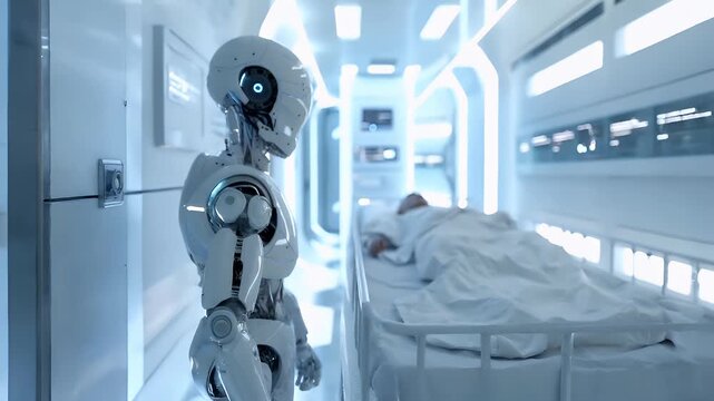A futuristic hospital corridor with a humanoid robot on the left. The corridor is illuminated by bright lights, and the walls are lined with medical equipment. The robot is white with blue accents.