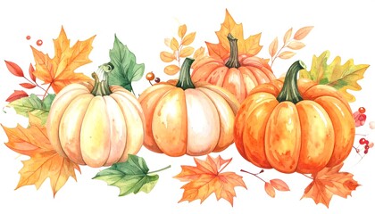 Watercolor Autumn Harvest - Pumpkins and Fall Leaves Composition.