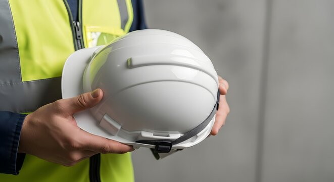 Construction safety theme with white hard hat held by worker in high visibility vest for industrial safety awareness and protective gear promotion