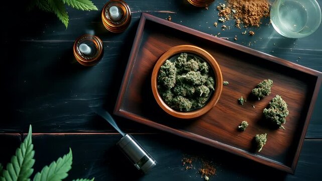 Marijuana cannabis topic concept. cannabis buds in a wooden bowl on a wooden tray, surrounded by cannabis paraphernalia and a vaporizer.