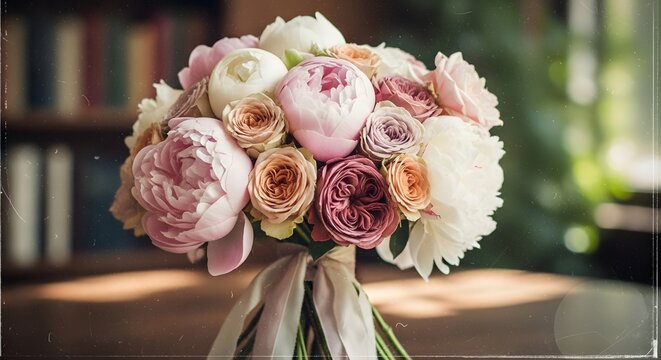 Elegant bouquet of pink and white peonies and roses on rustic table for romantic wedding or special occasion decor