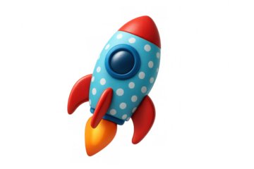 Cartoon rocket launching into space, presenting concepts of innovation, success, startup, growth and progress on transparent background