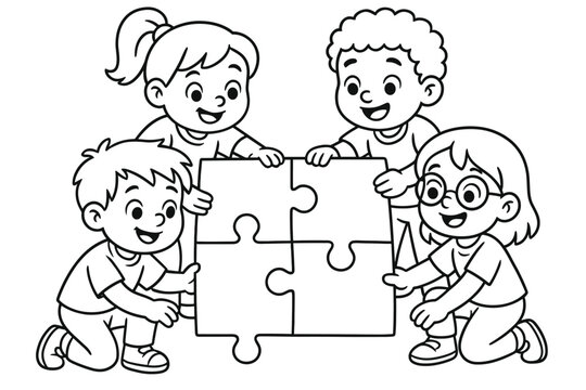 Puzzle-Building Friends. Teamwork in friendship children?s coloring book illustration, outlined drawing,