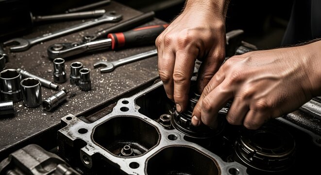 Automotive engine repair scene with mechanic working on detailed maintenance in workshop setting
