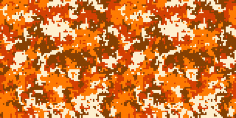 Abstract autumnal camouflage pattern.  Vibrant orange, brown, and cream pixelated design. Ideal for textile prints, backgrounds, or digital art.  Evokes feelings of warmth, nature, and concealment. © Olena