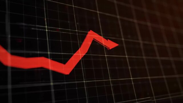 Red graph arrow shows decreasing trend on grid, black background, finance use, economic decline illustration