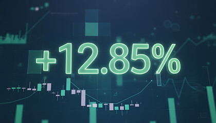 Positive financial growth displayed by glowing percentage on stock market charts