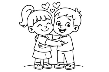 Friendly Children Hugging. Warm hug children?s coloring book illustration, outlined drawing, friendly children