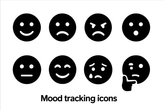 Mood Tracking Icons. Mood tracking. Filled icon set of mood tracking: happy, sad, angry, surprised, neutral,