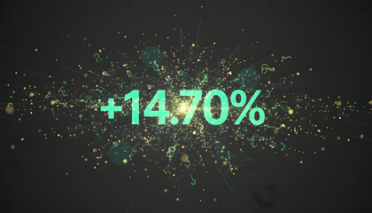 Dynamic financial growth displayed as +14.70% amidst glowing particles