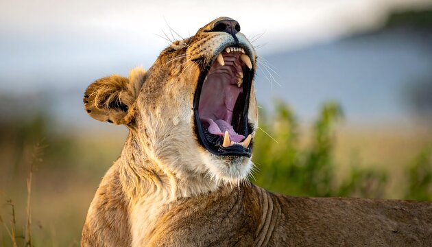 Lioness Yawning in the African Savannah at Sunrise.