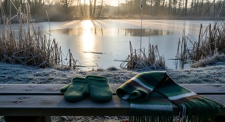 Warm green scarf and socks on wooden bench by frosty lake in winter  