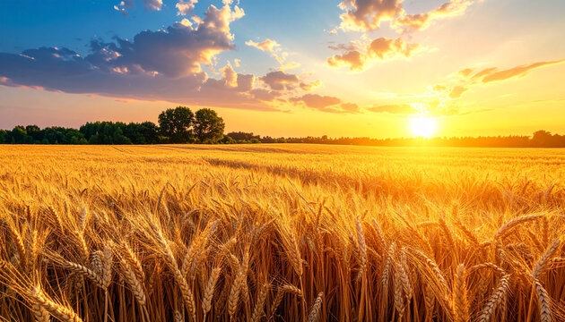 Golden wheat field glowing at sunset under a vibrant sky in countryside