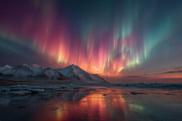 Stunning aurora borealis over the lagoon in Iceland at twilight