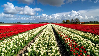 Vibrant tulip fields in full bloom under a bright sky.