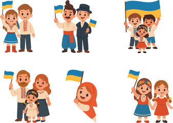 Collection of happy people and children dressed in traditional Ukrainian clothing, waving blue and yellow flags in a joyful celebration.