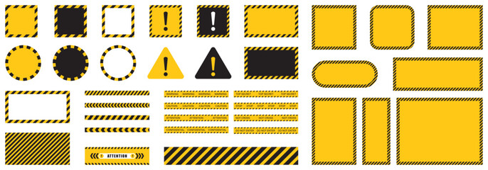 Collection of yellow and black caution frames. Warning borders, and attention label templates. Industrial sign, construction safety posters or alert symbol. Warning round and square banner sign icons.