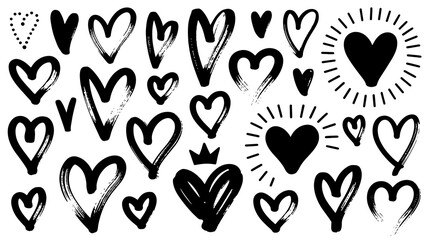 Collection of hand-drawn heart shapes brush stroke style vector illustration for love and romance concepts isolated on white background