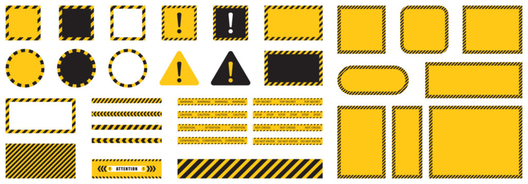 Collection of yellow and black caution frames. Warning borders, and attention label templates. Industrial sign, construction safety posters or alert symbol. Warning round and square banner sign icons.