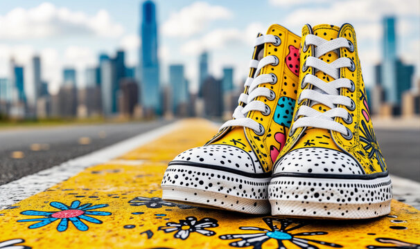 Yellow spotted sneakers on the graffiti road background. Sports shoes and street style footwear concept. Close-up product shot for poster, commercial, design