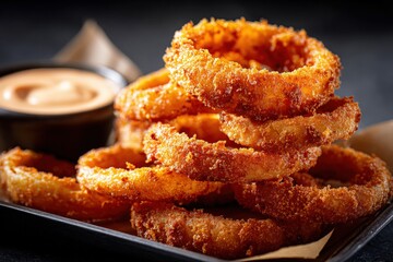Close-up of Crispy Deep-Fried Onion Rings with Spicy Mayo Dip