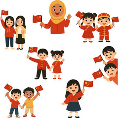 Collection of cheerful children waving red flags with yellow stars, wearing festive outfits and celebrating together in a joyful scene.