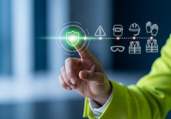 Worker in high visibility jacket touching a futuristic holographic interface displaying safety icons for construction and industry