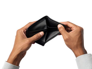 Hands holding open an empty black leather wallet showing interior pockets, cutout, PNG isolated on transparent background