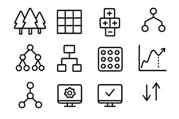 Random Forest Icons. Random forest. Line outline icon set of random forest: multiple trees, dataset, ensemble,