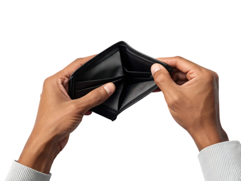 Hands holding open an empty black leather wallet showing interior pockets, cutout, PNG isolated on transparent background