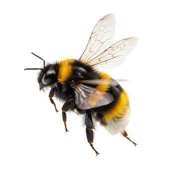 Close up of a fuzzy bumblebee flying isolated on transparent background