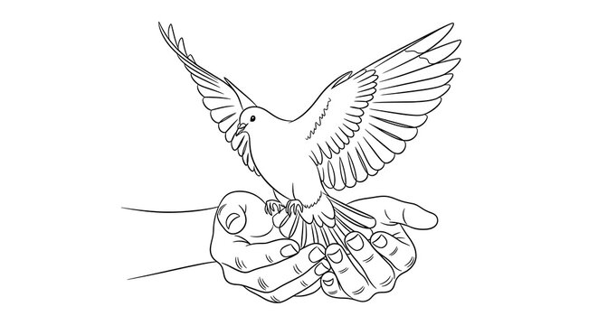 Dove bird with open wings perched on cupped hands line art image