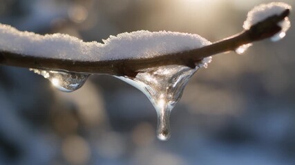 Close up of a snow covered branch with melting ice droplets in the winter sunlight outdoors - Powered by Adobe