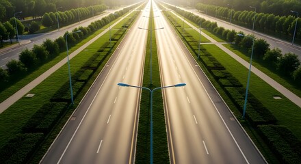 Aerial View of a Wide Highway Lined with Trees road