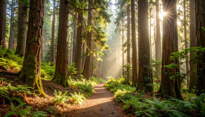 Obraz premium Sunlight filters through tall trees illuminating forest path in scenic woodland