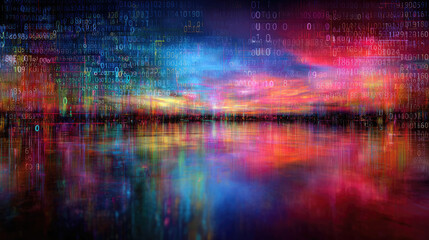Surreal digital landscape blending paint strokes and binary code, AI-generated visual poetry, futuristic art concept