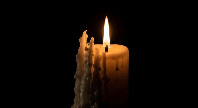 Dripping wax candle with bright flame against black background melting - Powered by Adobe