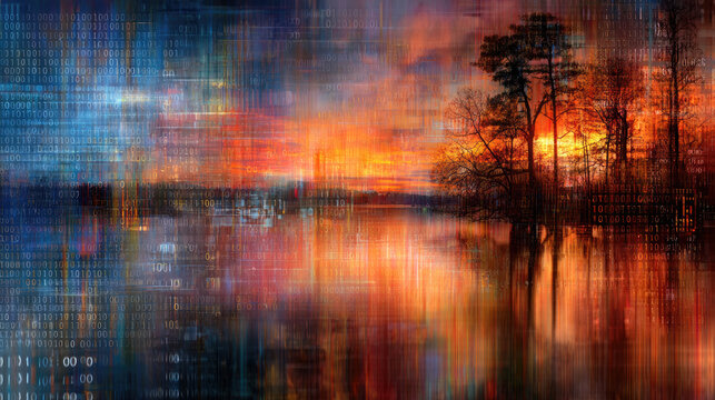 Surreal digital landscape blending paint strokes and binary code, AI-generated visual poetry, futuristic art concept