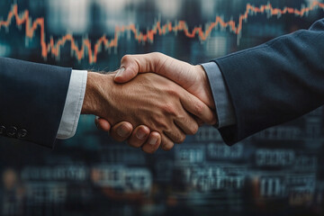 Handshake between business partners with futuristic network links and financial chart graphics, representing innovation, global trade, and digital business growth.	
