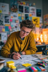 Fototapeta premium Creative Student Drawing Diagrams in Notebook Amid Study Materials