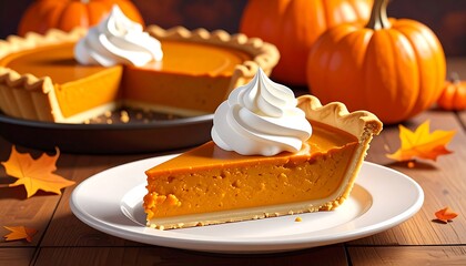 Delicious Pumpkin Pie Slice with Whipped Cream Topping.