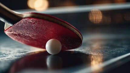 Dynamic Ping Pong Action with Red Racket and White Ball on Reflective Table