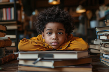 A tired boy resting on a stack of books at home. A portrait showing boredom and study frustration.