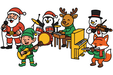 Charming christmas characters forming a festive musical band playing instruments together