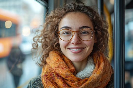 Cheerful woman smiling inside city bus.
