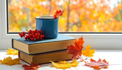 Autumn Still Life - Books, Tea, and Fall Foliage by the Window.