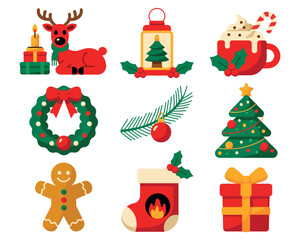 A collection of Christmas-themed illustrations including a reindeer, wreath, and gift.