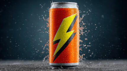Energy drink can splashing with water droplets. Vertical photo