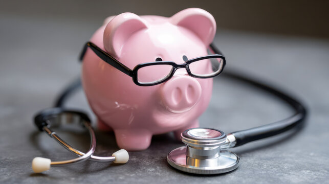 Piggy bank wearing glasses with stethoscope representing healthcare costs